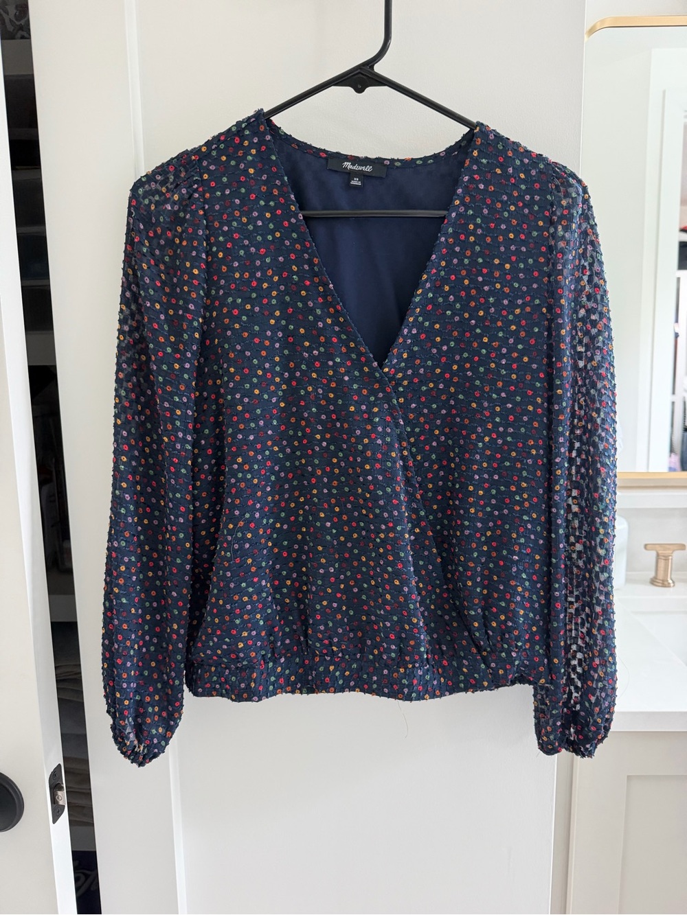 Madewell Navy Dotted Floral V-Neck Blouse